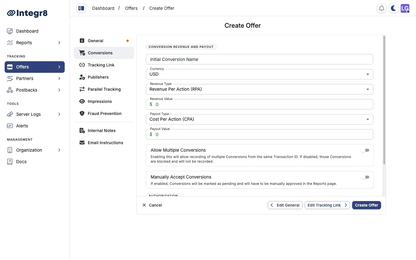 The Conversions section with revenue and payout fields