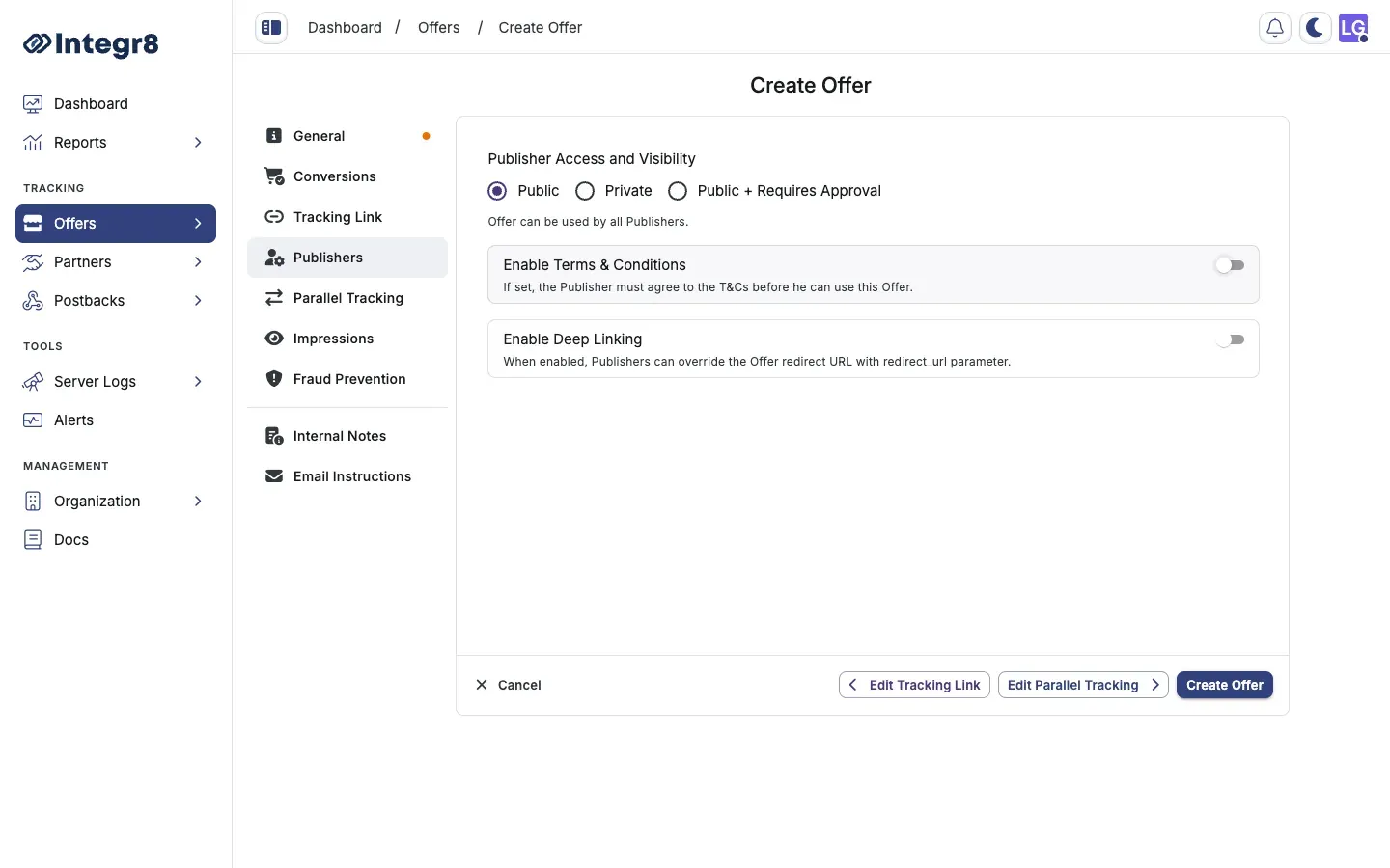 The Publishers section with access and visibility settings