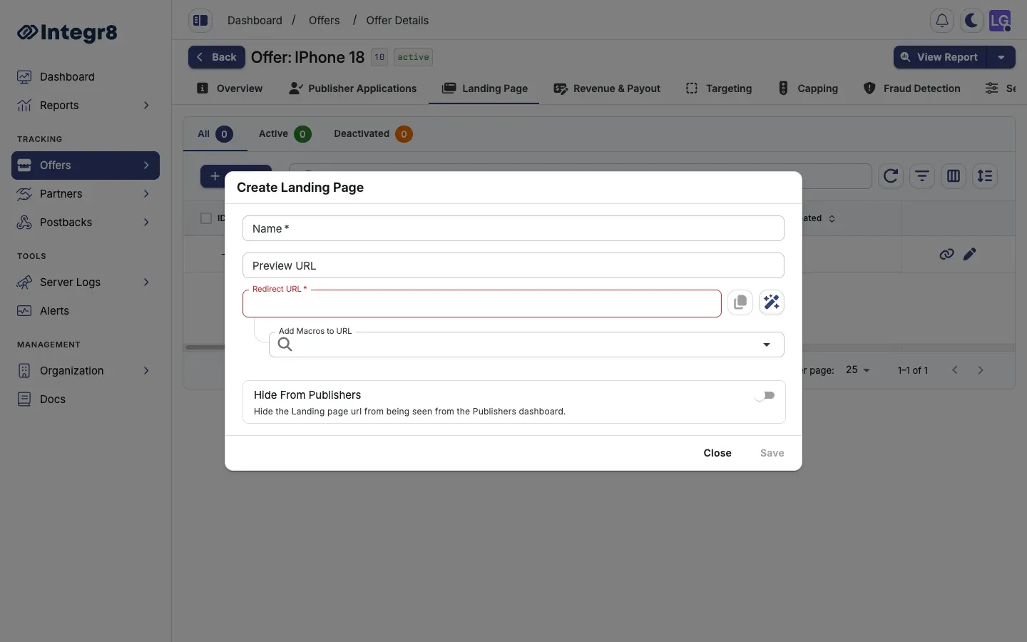 The Create Landing Page dialog