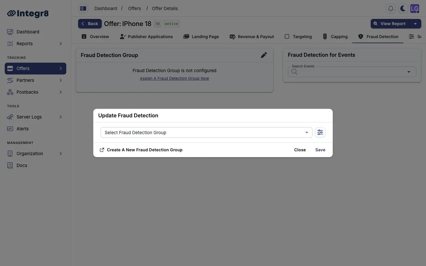 The Update Fraud Detection dialog for assigning a group to an offer