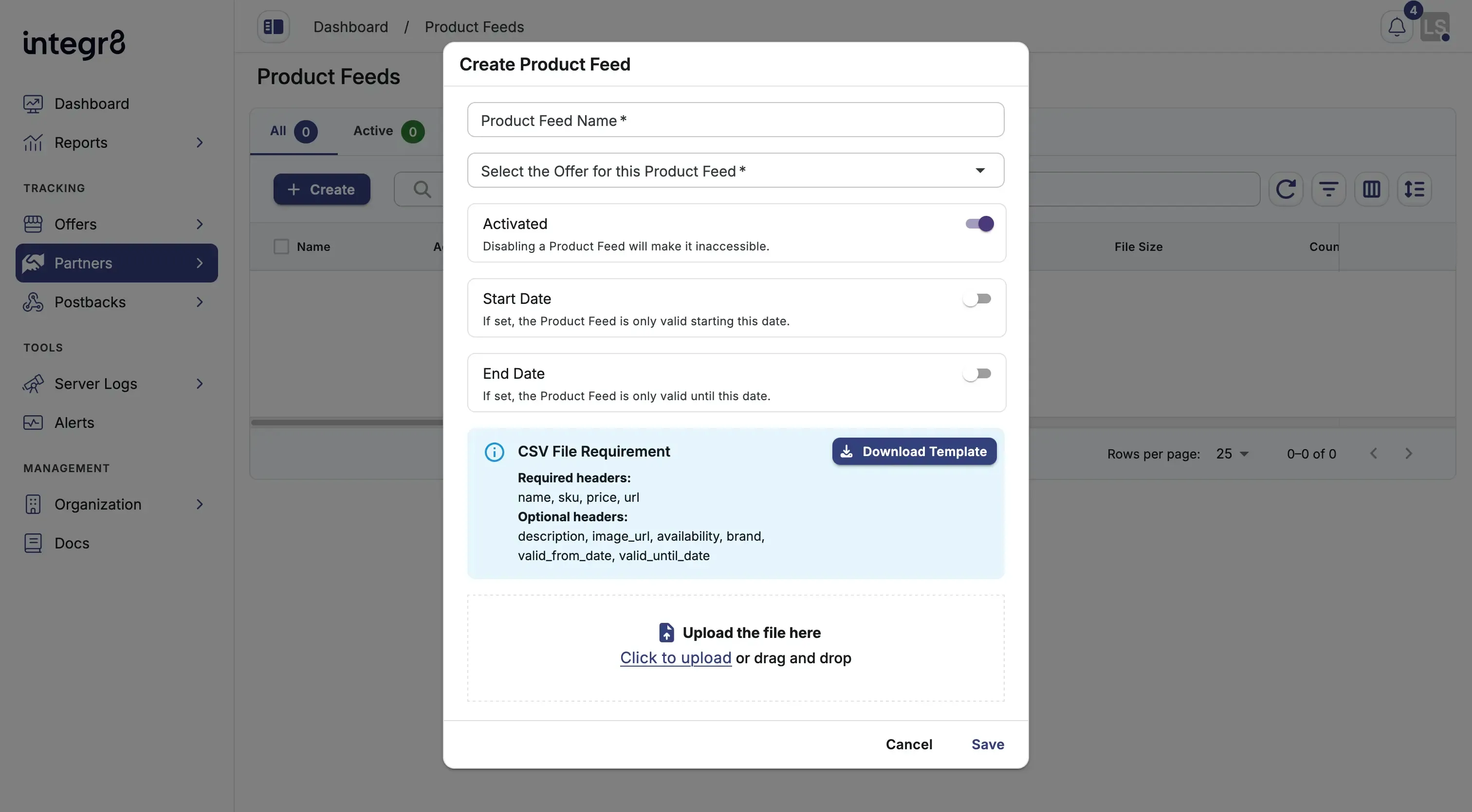 The Create Product Feed form with name, offer, date range, and CSV upload fields