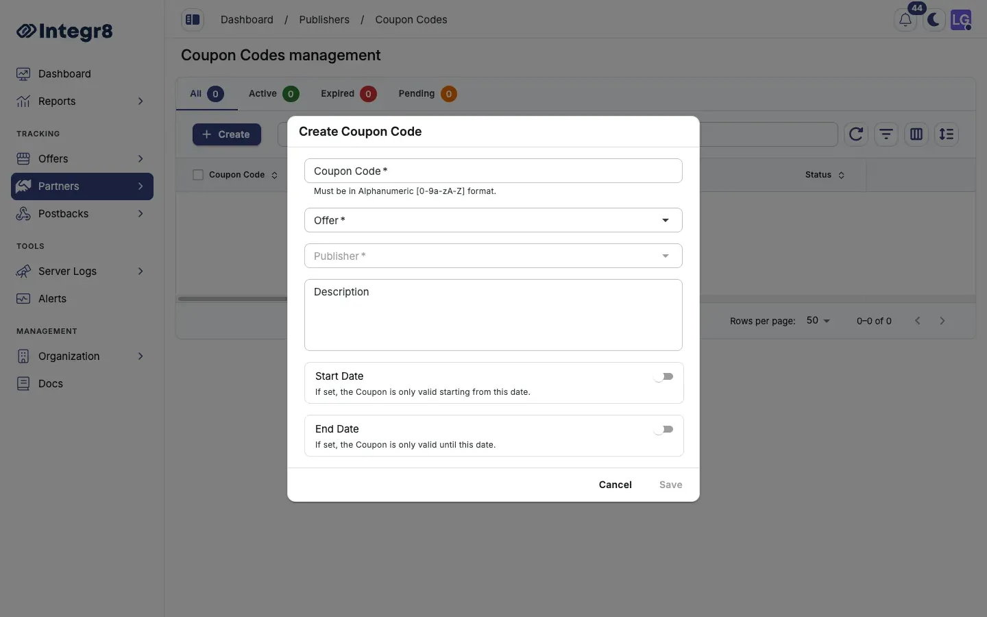 The Create Coupon Code dialog