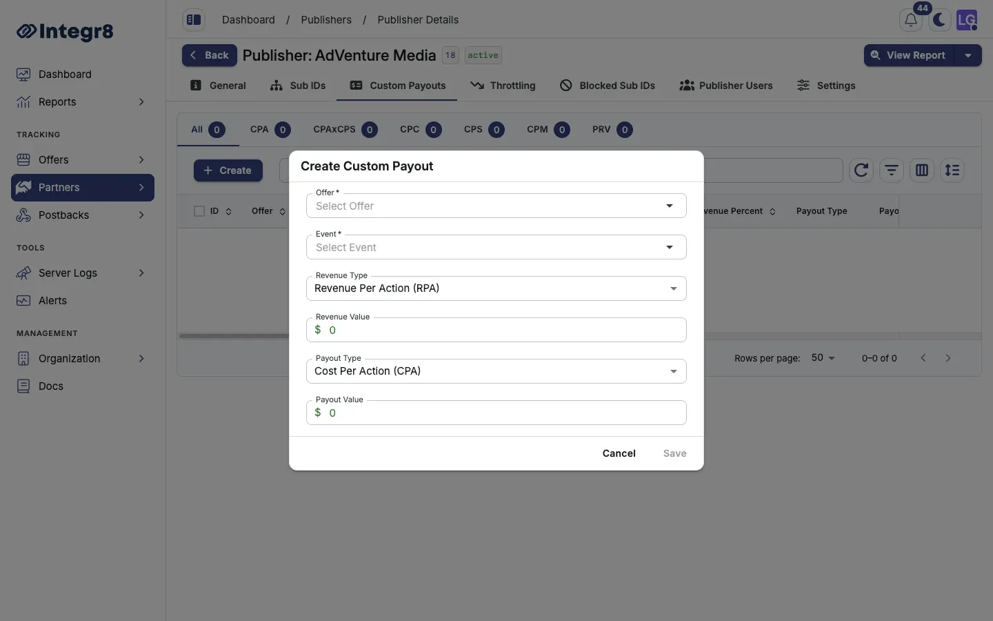 The Create Custom Payout dialog