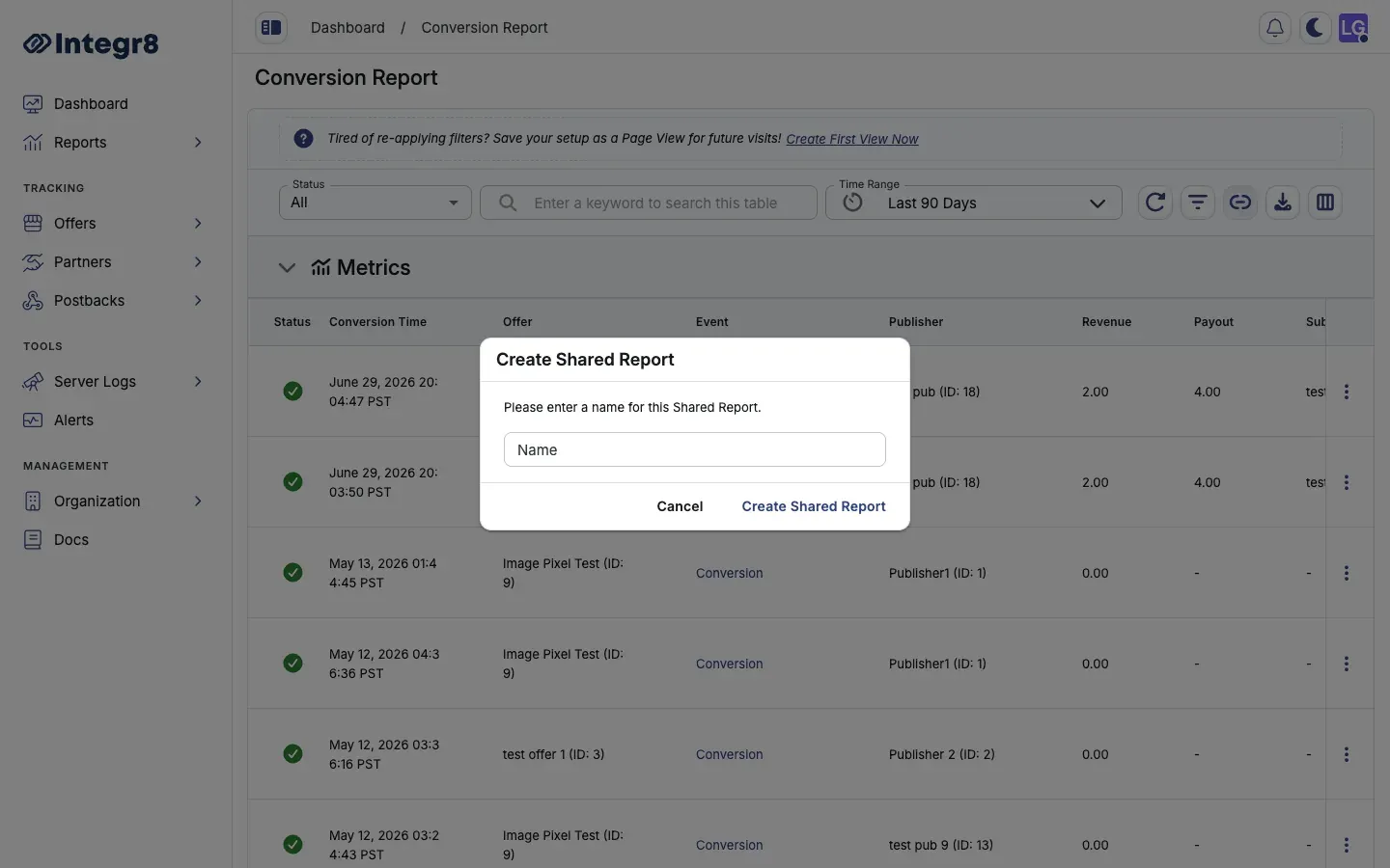 The Create Shared Report dialog