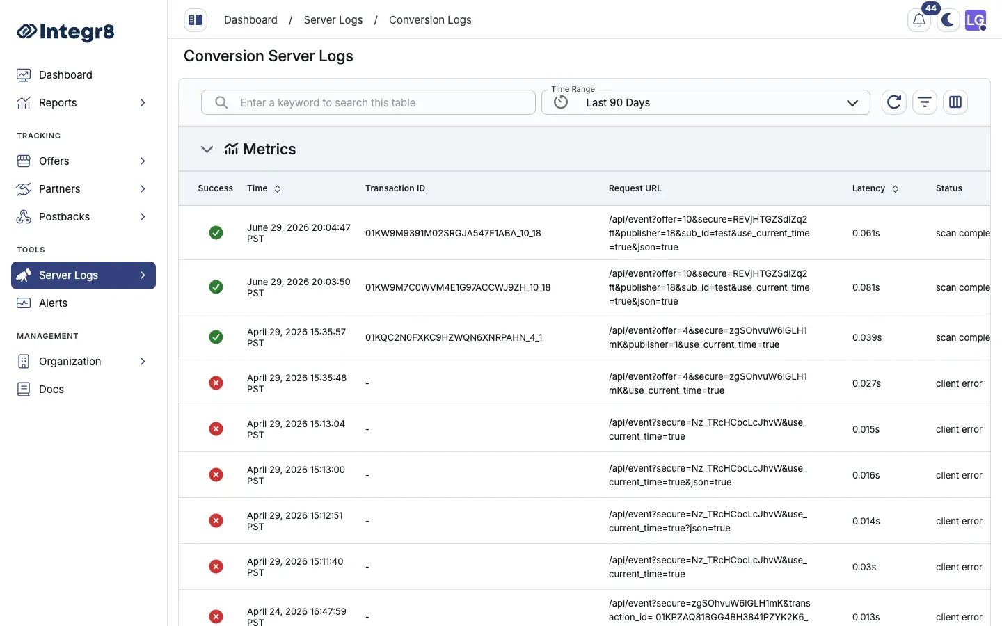 The Conversion Logs section of Server Logs