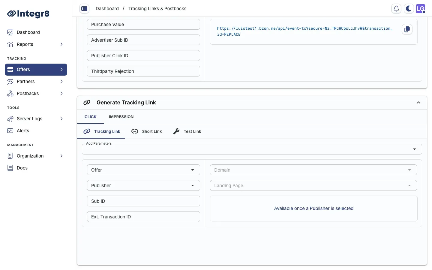 The Generate Tracking Link card on the Global Tracking page
